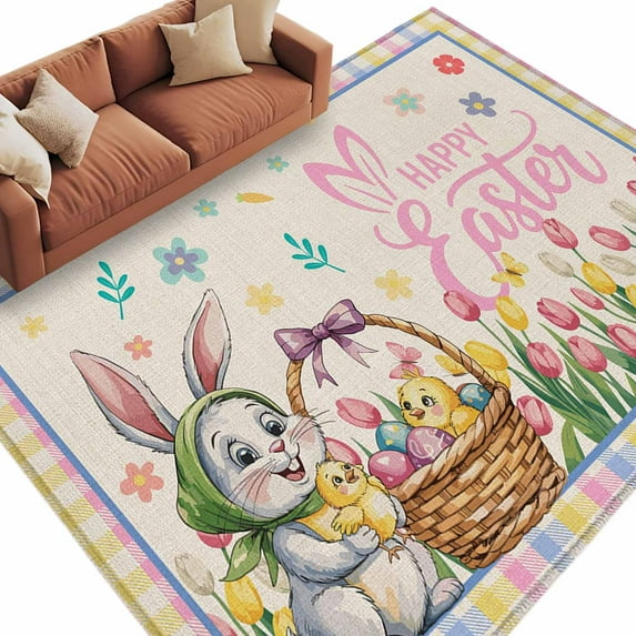 Spring Easter Area Rugs Collection 6'x9', Pink Yellow Bunny Tulip Eggs Plaid Rustic Non Slip Indoor Rectangle Throw Runner Rug Floor Mat Carpet for Living Room Dining Table Bedroom Nursery
