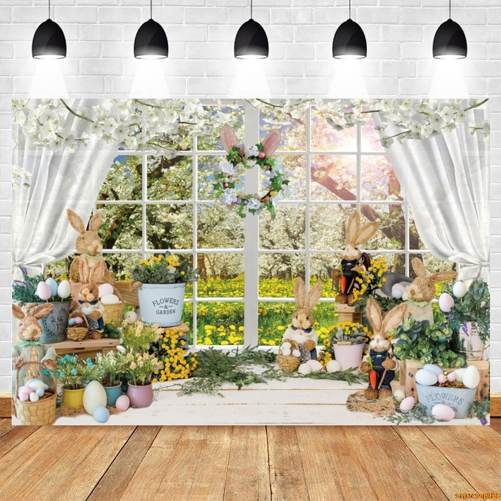 Spring Easter Backdrop Bunny Eggs Flowers Window Baby Shower Birthday ...