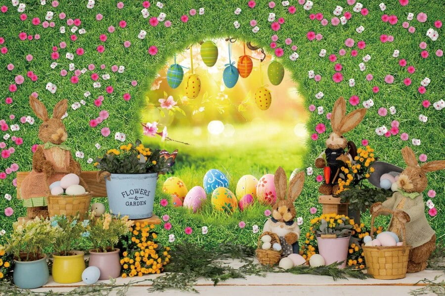 Spring Easter Backdrop Colorful Eggs Blossoms Flower Grass Wall Kids ...