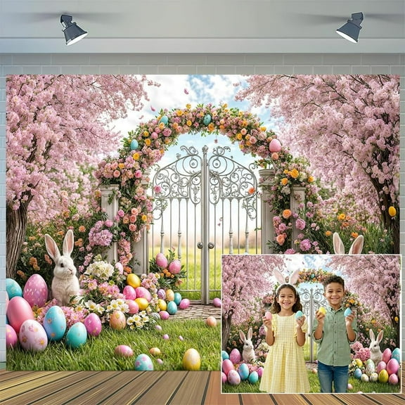 Spring Easter Backdrop Floral Garden Arch Rabbit Colorful Eggs Outdoor Forest Background Easter Newborn Birthday Party Decorations Banner Supplies Photo Booth Props