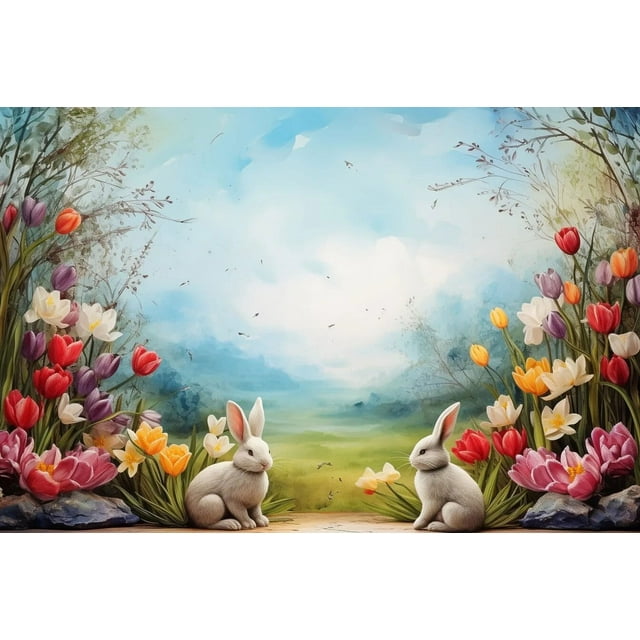 Spring Easter Backdrop Gregrass Floral Bunny Kids Birthday Festival ...