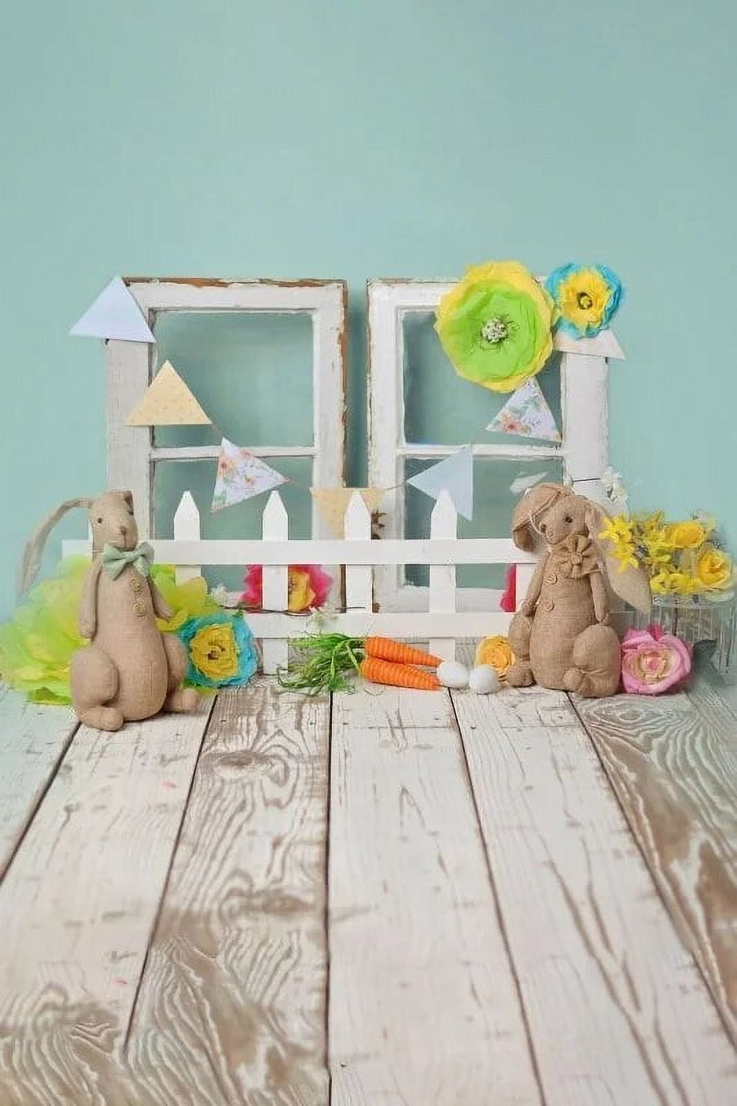 Spring Easter Backdrop Rabbit Colore Eggs Flower Grass Wood Floor Photography Background Kids