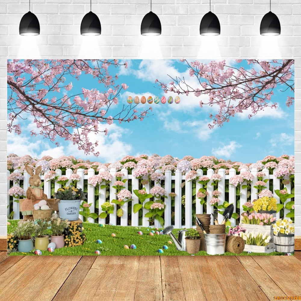 Spring Easter Backdrop Rabbits Eggs Grass Flowers Gard Fce Newborn Baby ...