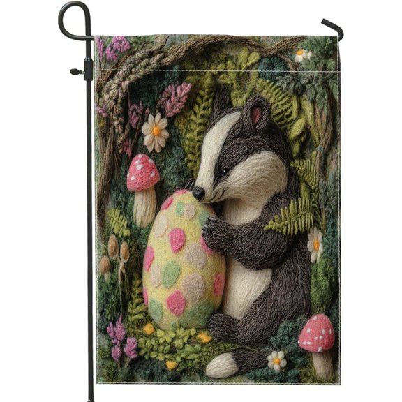 Spring Easter Badger Wildlife Garden Flags 12x18 Inch for Outside, Wool Felt Style Animal Eggs Standard Vertical Linen Flags, Forest Print Front Yard Backyard Lawn Outdoor Decoration