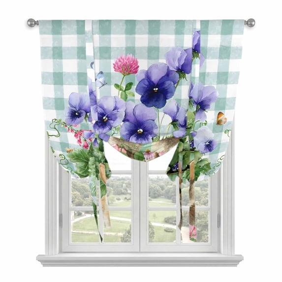 Spring Easter Balloon Curtains 63 Inch Length for Living Room/Bedroom, Purple Floral Summer Botanical Teal Plaid Rod Pocket Privacy Door Curtains Decorative Tie Up Shade for Window 52"x63"