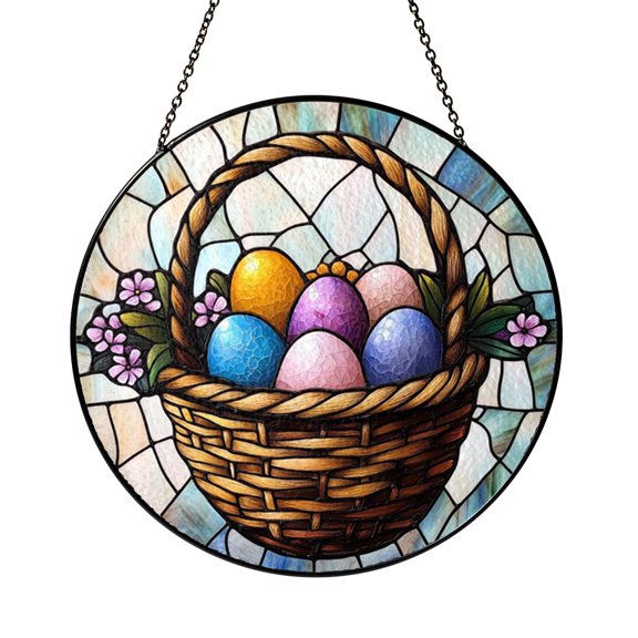 Spring Easter Basket Window Hanging Stained Glass Style Suncatcher Decor, Colorful Egg Sun Catcher Ornament for Home Window Decoration, Seasonal Decorative Art Gift