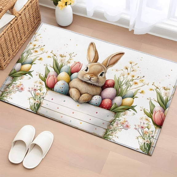 Spring Easter Bathroom Rug Washable 2x3 Entryway Rug Non Slip Colorful Eggs Botanical Bunny Front Door Mat Low Pile Indoor Doormat Throw Floor Carpet for Kitchen Bedroom Entrance