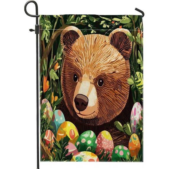 Spring Easter Bear Wildlife Garden Flags 12x18 Inch Double Sided for Outside, Forest Wild Animal Eggs Pattern Standard Canvas House Flags, Landscape Front Yard Backyard Lawn Flag