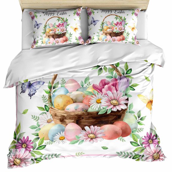 Spring Easter Bedding 3 Piece Duvet Cover Set Twin Size, Colorful Eggs Daisy Flowers Basket Butterfly Microfiber Comforter Cover with Zipper Closure & Pillowcases, Wrinkle & FadeResistant Quilt Cover