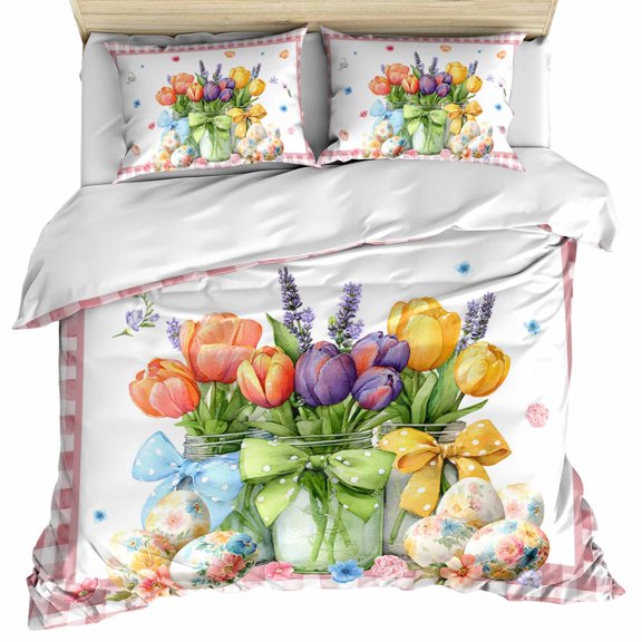 Spring Easter Bedding 3 Piece Duvet Cover Set Twin Size, Colorful Tulip Floral Eggs Pink Plaid Soft Microfiber Comforter Cover with Zipper Closure & Pillowcases, Wrinkle & FadeResistant Quilt Cover
