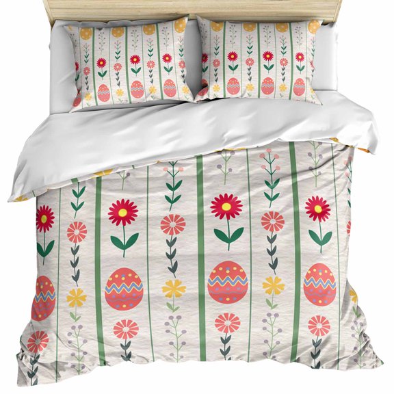 Spring Easter Bedding 3 Piece Duvet Cover Set Twin Size, Green Pink Yellow Eggs Floral Botanical Soft Microfiber Comforter Cover with Zipper Closure & Pillowcases, Wrinkle & FadeResistant Quilt Cover