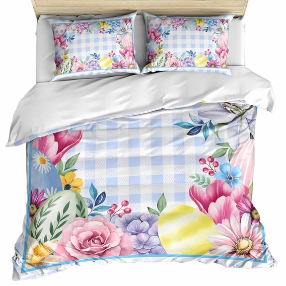 Spring Easter Bedding 3 Piece Duvet Cover Set Twin Size, Watercolor Flower Eggs Berry Leaf Blue Plaid Microfiber Comforter Cover with Zipper Closure & Pillowcases, Wrinkle & FadeResistant Quilt Cover