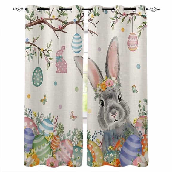 Spring Easter Black Out Curtains 63 Inch Long, Room Darkening Draperies Curtains Panels, Country Retro Rabbit Eggs Tree Branches Thermal Insulated Curtain for Bedroom Living Room 52"x63" 2 Panels