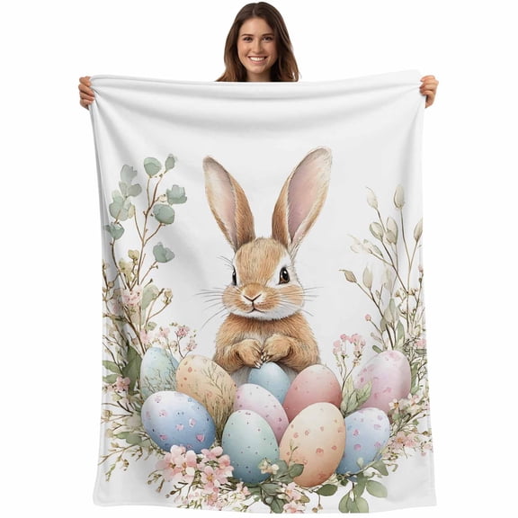 Spring Easter Blanket Soft Cozy Warm Throw Blanket for Couch, Plush Fuzzy Flannel Fleece Blankets for Sofa, Blooms Floral Bunny Colorful Eggs Bed Blankets Lightweight Gifts for Women, 50"x60"