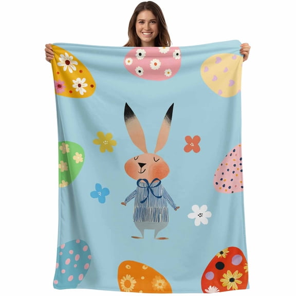 Spring Easter Blanket Soft Cozy Warm Throw Blanket for Couch, Plush Fuzzy Flannel Fleece Blankets for Sofa, Bunny Colorful Eggs Floral Blue Bed Blankets Lightweight Gifts for Women, 50"x60"