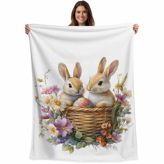 Spring Easter Blanket Soft Cozy Warm Throw Blanket for Couch, Plush Fuzzy Flannel Fleece Blankets for Sofa, Bunny Floral Blooming Botanical Bed Blankets Lightweight Gifts for Women, 50"x60"