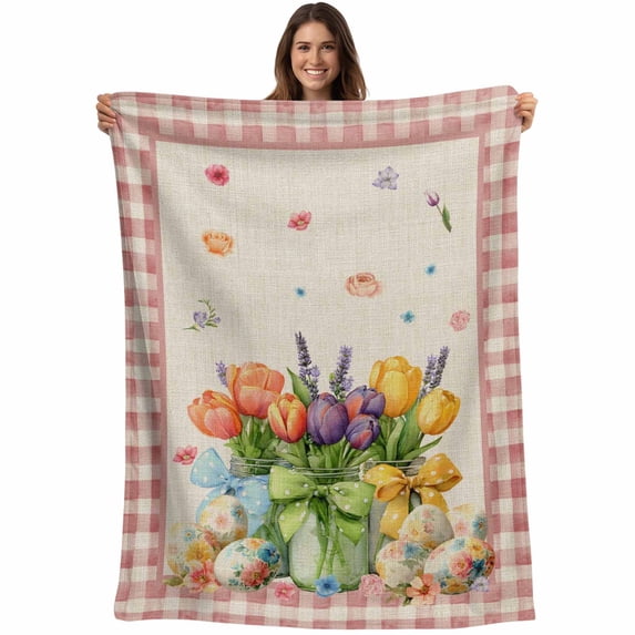 Spring Easter Blanket Soft Cozy Warm Throw Blanket for Couch, Plush Fuzzy Flannel Fleece Blankets for Sofa, Colorful Tulip Floral Eggs Pink Plaid Rustic Bed Blankets Gifts for Men, 30"x40"
