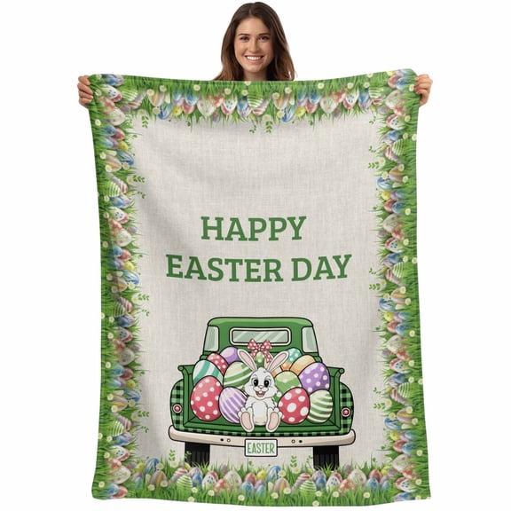 Spring Easter Blanket Soft Cozy Warm Throw Blanket for Couch, Plush Fuzzy Flannel Fleece Blankets for Sofa, Easter Eggs Bunny Truck Botanical Burlap Bed Blankets Lightweight Gifts for Women, 40"x50"