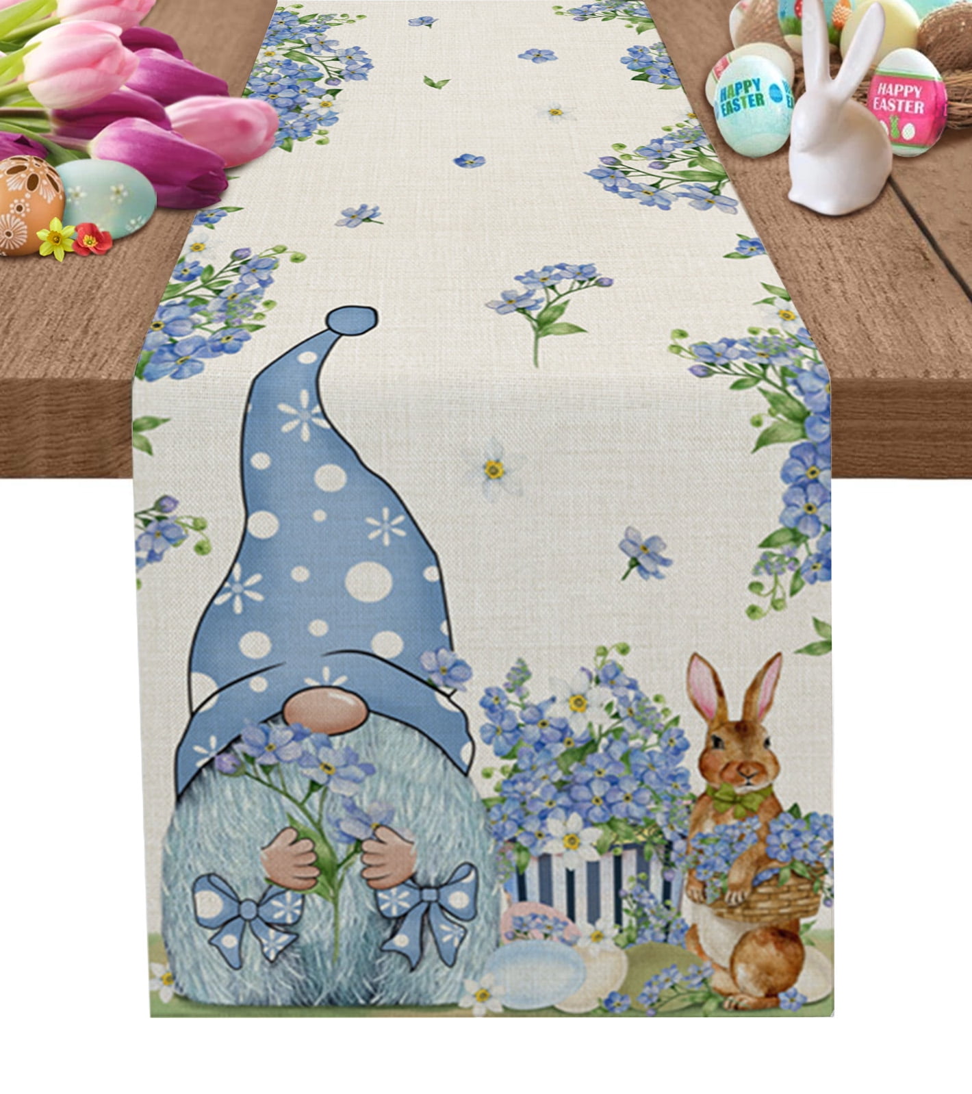 Spring Easter Blue Flower Dwarf Egg Table Runner for Dining Table