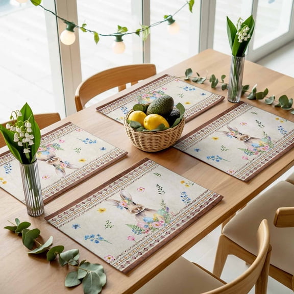 Spring Easter Bunnies Placemats Set of 4,Wipeable Washable Table Mats for Dining Tables, Farm Floral Art on Linen Place Mats for Kitchen Event Party Tabletop Decor