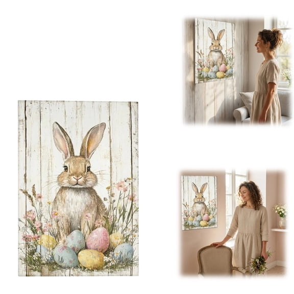 Spring Easter Bunny Canvas Wall Art, Frameless Rustic Painting with Eggs & Flowers, Oil Canvas Material for Home Decoration, Living Room & Bedroom