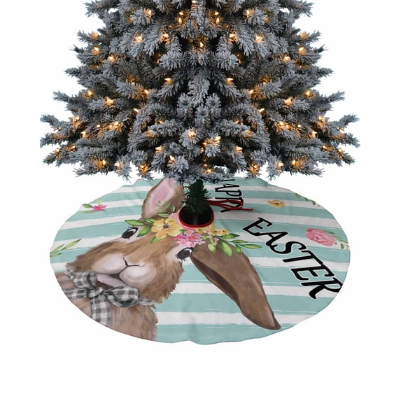 Spring Easter Bunny Christmas Tree Skirt 36 Inches Large Christmas Skirt Tree, Teal Striped Floral Botanical Tree Skirt Christmas Decorations for Fireplace Party Holidays Indoor Outdoor