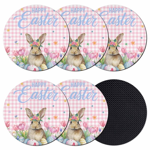 Spring Easter Bunny Coasters Set of 6, Absorbent Coasters for Drinks, Pink Plaid Tulip Botanical Eggs Coaster for Desk Coffee Table Protection, Home Decor House Warming Gifts 4"