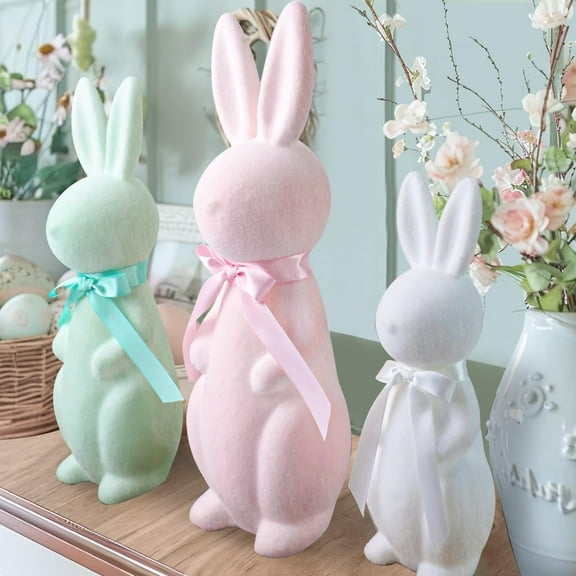 Spring Easter Bunny Decor Kit 3-Piece Set - Flocked Pastel Table Centerpieces for Indoor/Outdoor Home & Party Decorations