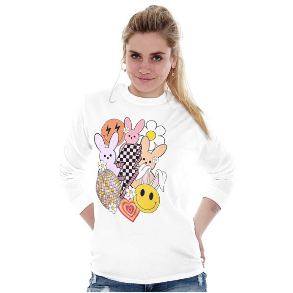 Spring Easter Bunny Disco Collage Women's Long Sleeve T Shirt Brisco Brands S