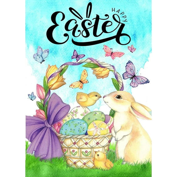 Spring Easter Bunny Eggs Garden Flag Double Sided 12x18 inch Decorative Butterfly Tulips Chick Basket Rabbit Small House Yard Outdoor Flag for Garden Lawn Farmhouse Outside Home Decor