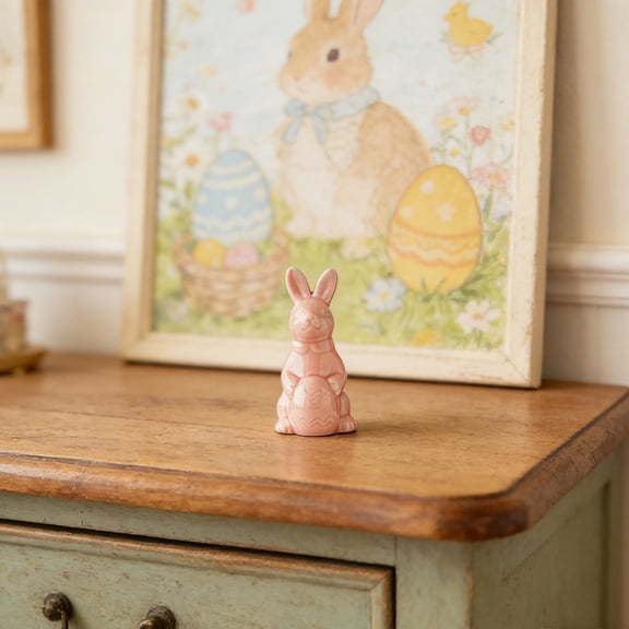 Spring Easter Bunny Figurine Decoration - Pink Porcelain Bunny Statue Spring Bunny Figurines with Eggs, Easter Rabbit Statues Table Centerpiece Mantels Home Decor Ornament