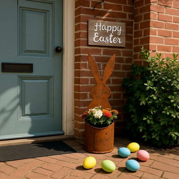 Spring Easter Bunny Flower Pot 24.5x7cm, Weather-Resistant Iron Planter with Rust Finish, Creative Rabbit Shaped Pot for Garden Patio Cafe, Romantic Ambiance Decor, Easter Decorations Outdoor