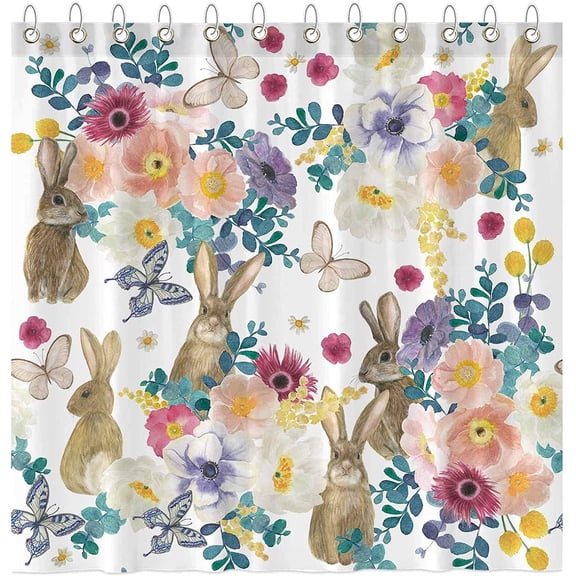 Spring Easter Bunny Flower Shower Curtain Set with Hooks Watercolor Floral Rabbit Butterfly Bath House Bathroom Bathtubs Decor Easy Care Washable Durable Polyester Fabric 72"x72"