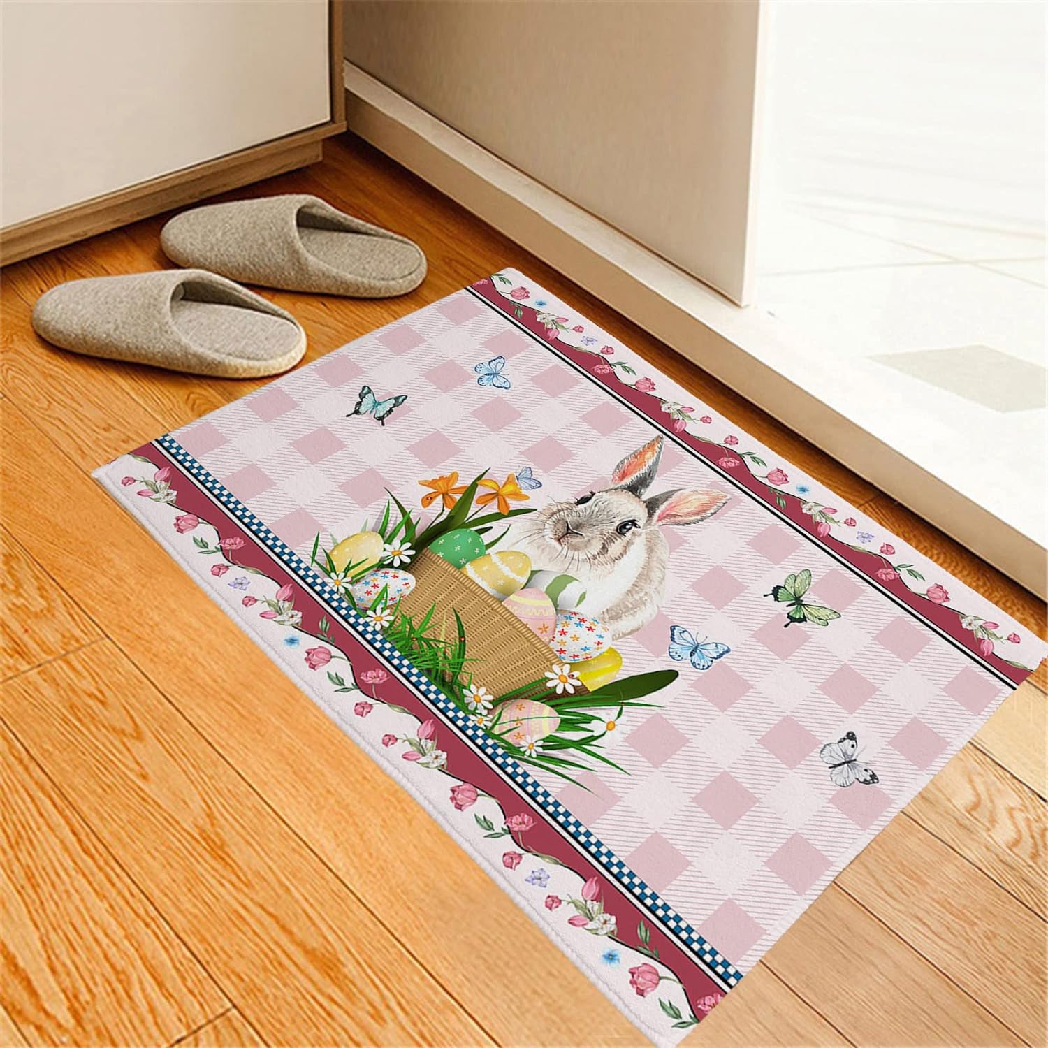 Spring Easter Bunny Indoor Doormat Country Rabbits Butterfly, NonSlip
