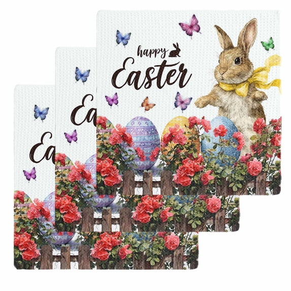 Spring Easter Bunny Kitchen Dish Towels for Drying Dishes Set of 3, Red Floral Botanical Easter Eggs Waffle Weave Microfiber Hand Tea Bathroom Towels Quick Dry & Absorbent Towel 12x12