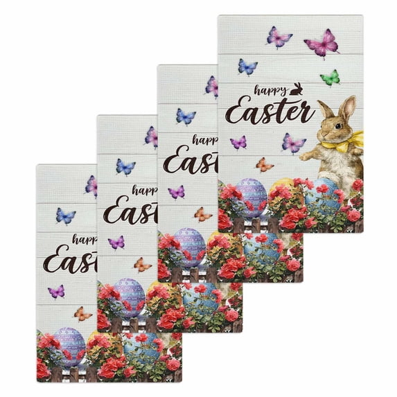 Spring Easter Bunny Kitchen Dish Towels for Drying Dishes Set of 4, Grey Wooden Red Floral Easter Eggs Waffle Weave Microfiber Hand Tea Bathroom Towels Quick Dry & Absorbent Towel 15.7x23.6