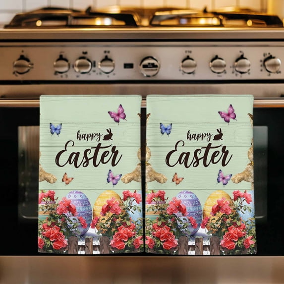 Spring Easter Bunny Kitchen Towels Set of 3, Green Wooden Red Floral Easter Eggs Absorbent Dish Towels for Kitchen, Microfiber Hand Towel, Quick Drying Tea Towel for Cleaning Decorative Dishcloths