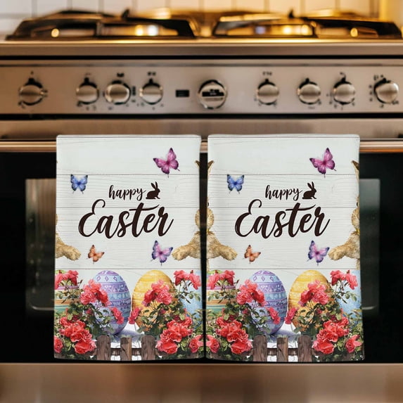 Spring Easter Bunny Kitchen Towels Set of 3, Grey Wooden Red Floral Easter Eggs Absorbent Dish Towels for Kitchen, Microfiber Hand Towel, Quick Drying Tea Towel for Cleaning Decorative Dishcloths