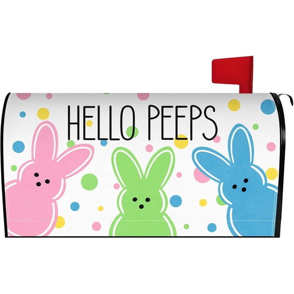 Spring Easter Bunny Mailbox Cover 21x18 Inch, Hello Peeps Post Letter Box Covers, Seasonal Easter Rabbit Magnetic Waterproof Mail Wraps for Outdoor Yard Garden Standard Mailbox Decor