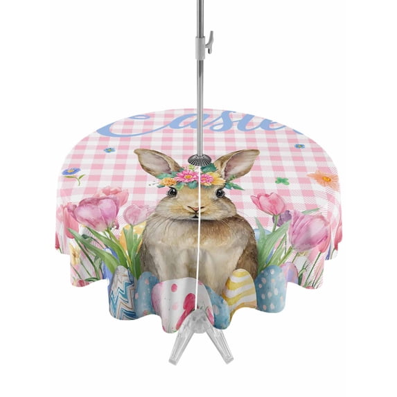 Spring Easter Bunny Outdoor Tablecloth - 54 Inch Round Dining Table Cover, Pink Plaid Tulip Botanical Eggs Waterproof Outdoor Table Cloth with Umbrella Hole & Zipper for Picnic/Patio/Party