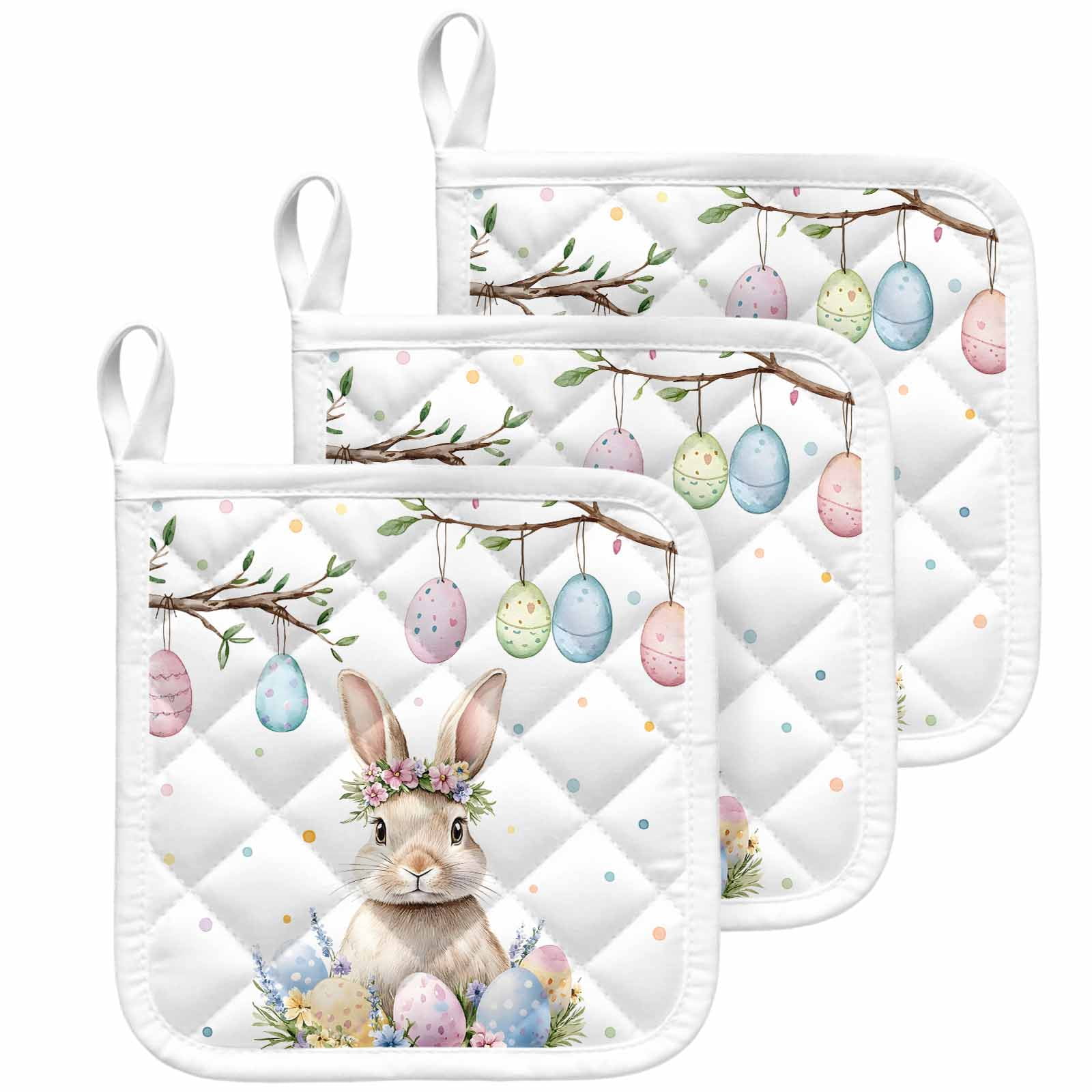 Spring Easter Bunny Pot Holders for Kitchen Heatproof Potholder, 3 Pack Colorful Eggs Botanical Floral Hot Pads Multipurpose Oven Pads Cloth Potholders Trivet for Cooking Baking