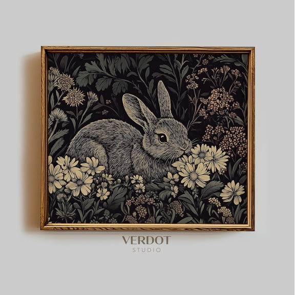 Spring Easter Bunny Print, Wildflower Wall Art, Vintage Easter Decor, Rabbit Flower Antique, Country Cottagecore, 25028, Unframed Canvas Size 8x12