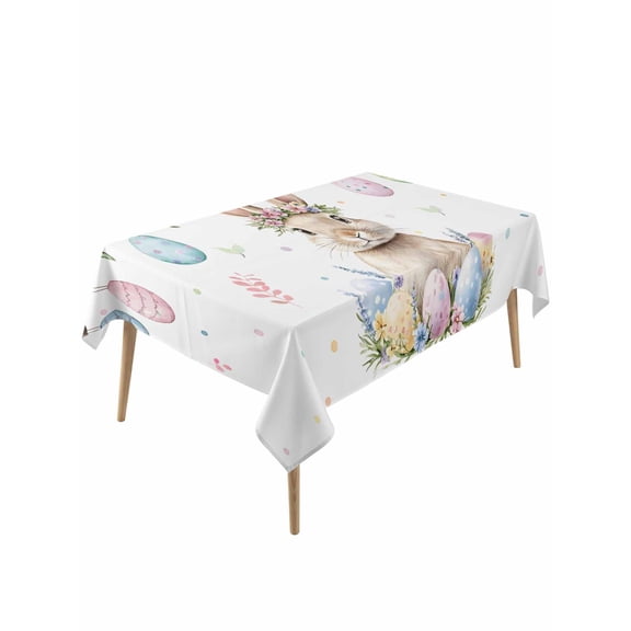 Spring Easter Bunny Rectangle Tablecloth, Colorful Eggs Botanical Floral Waterproof & StainResistant Tablecloth, Washable Oil-proof Table Cover for Dining/Party/Wedding/Camping/Buffet 60x120 In