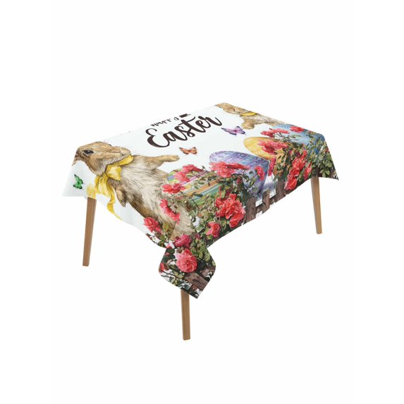 Spring Easter Bunny Rectangle Tablecloth, Red Floral Botanical Easter Eggs Waterproof & StainResistant Tablecloth, Washable Oil-proof Table Cover for Dining/Party/Wedding/Camping/Buffet 52x70 In
