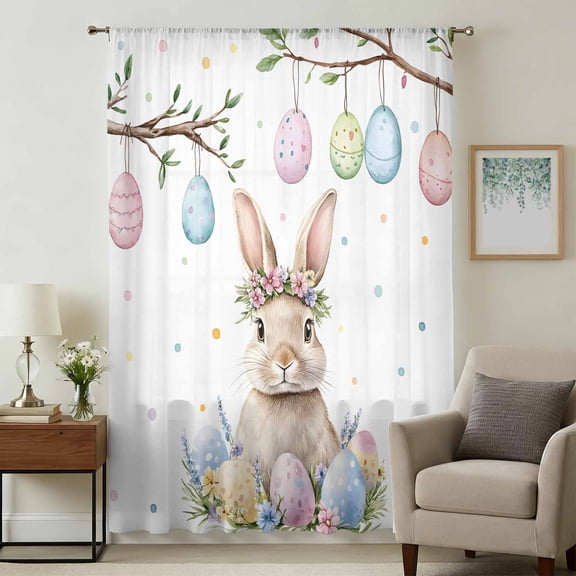 Spring Easter Bunny Sheer Curtains 45 Inches Long, Colorful Eggs Botanical Floral Light Filering Curtains, Breathable Simi Curtain Privacy Drapes for Kitchen Bathroom Small Window Treatment