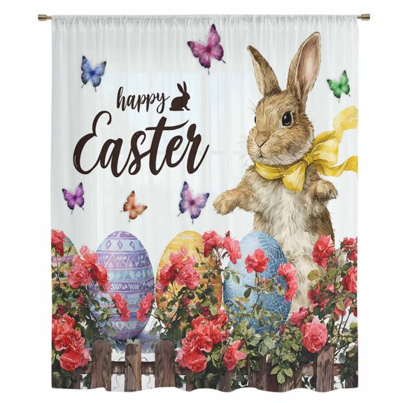Spring Easter Bunny Sheer Curtains 54 Inches Long, Red Floral Botanical Easter Eggs Light Filering Curtains, Breathable Simi Curtain Privacy Drapes for Kitchen Bathroom Small Window Treatment