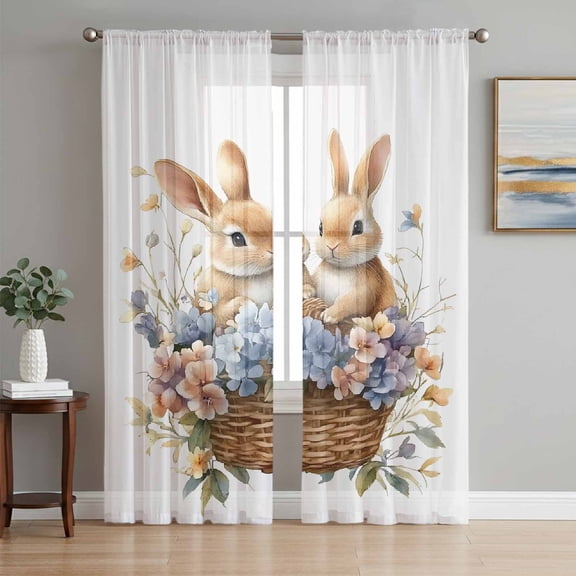 Spring Easter Bunny Sheer Curtains 63 Inch Length 2 Panels Set, Eggs Colorful Botanical Floral Voile Window Treatment Rod Pocket Curtains Sheers Drapes for Bedroom/Living Room/Kitchen 52x"63"x2