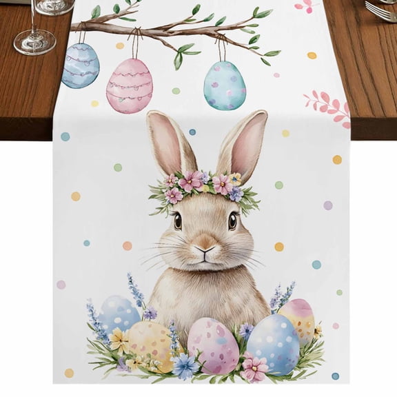Spring Easter Bunny Short Table Runner 36 Inches Long,Colorful Eggs Botanical Floral Cotton Linen Table Runners Dresser Scarves,Tabletop Scarf Furniture Cover for Home Dinner Party Decor 13"x36"