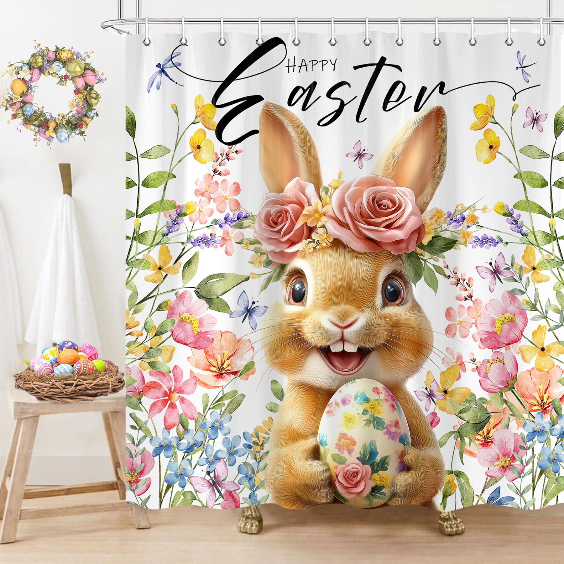 Spring Easter Bunny Shower Curtain, Happy Easter with Cute Rabbit Eggs Flower Shower Curtain for Bathroom, Colorful Floral Animal Farmhouse Spring Holiday Bath Curtain with Hooks, 69X70IN