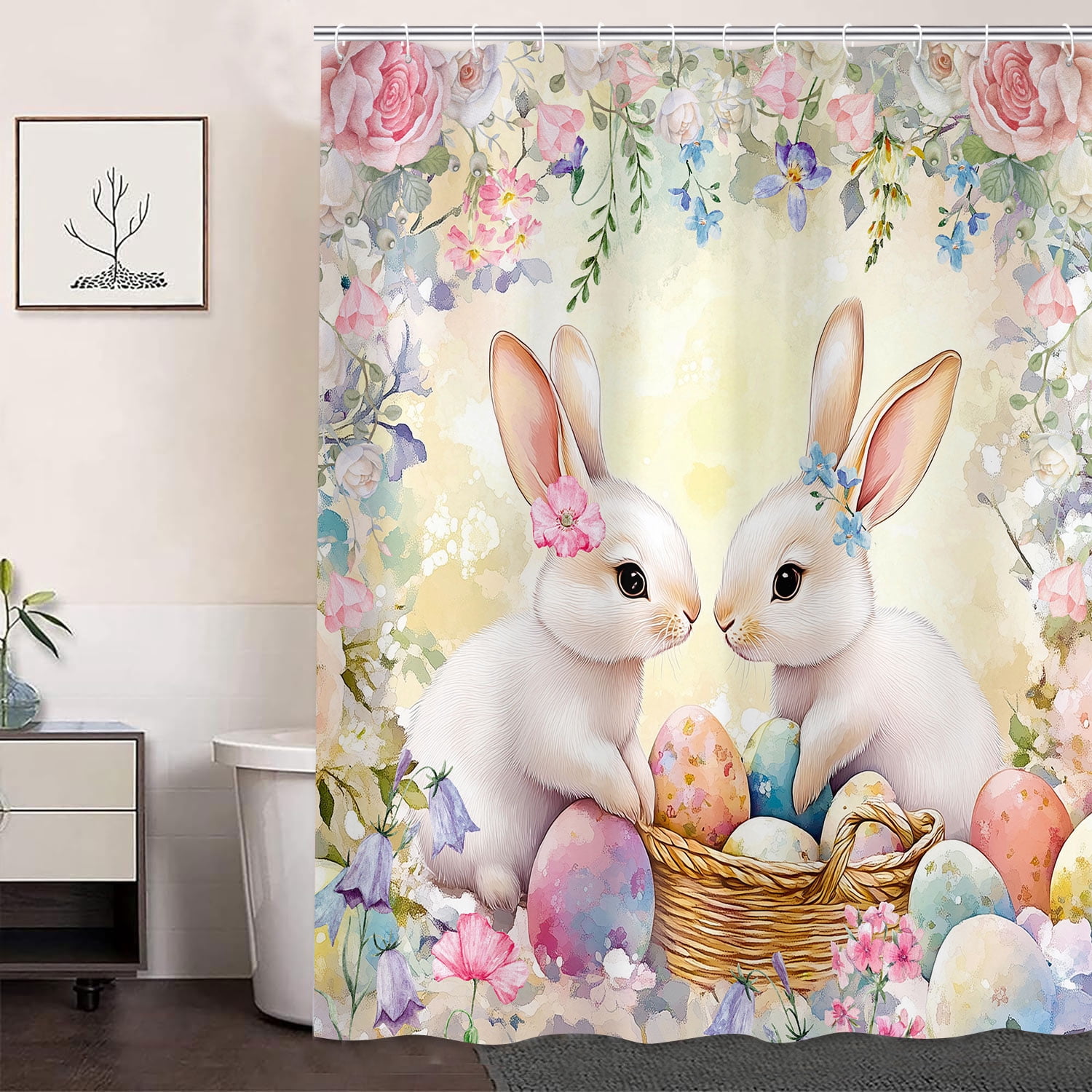 Spring Easter Bunny Shower Curtains for Bathroom, Cute Rabbits Eggs ...